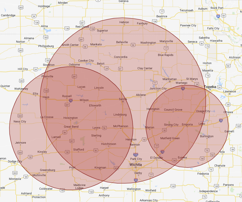 Shull Roofing Great Bend Service Area Map